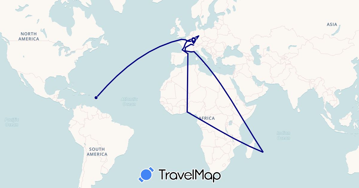 TravelMap itinerary: driving in Benin, Switzerland, Germany, France, Guadeloupe, Réunion (Africa, Europe, North America)